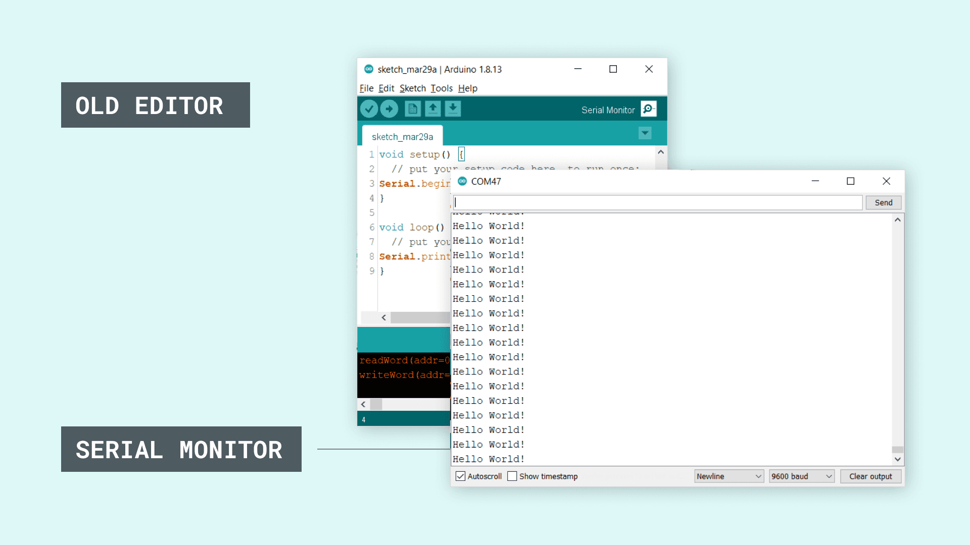 Serial Monitor with Old Editor (docs.arduino.cc)